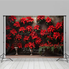 Lofaris Vintage Christmas Wall Photography Backdrop Red Poinsettia Flowers on a Moody Holiday Studio Photo Prop