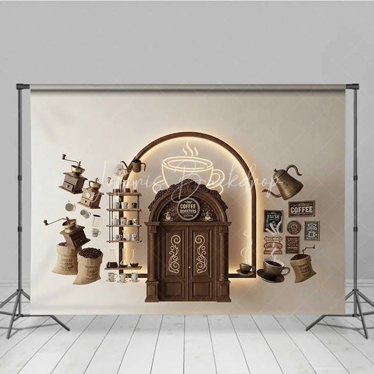 Lofaris Vintage Coffee Shop Backdrop Brown Wood Door Neon Sign Photography Background Cafe Barista Theme Party Decoration