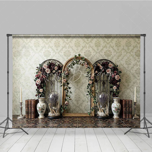 Lofaris Vintage Damask Wallpaper Photography Backdrop with Elegant Floral Arches Antique Books and Lavender Decor