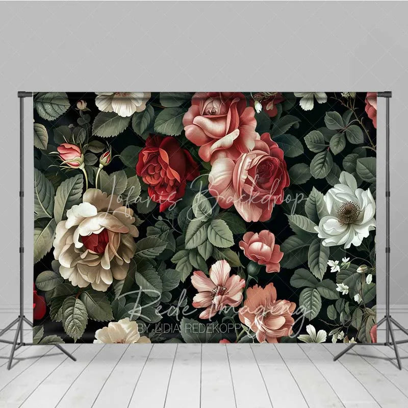Lofaris Vintage Dark Floral Photography Backdrop Red Pink Roses Pattern Photo Background Moody Romantic Prop