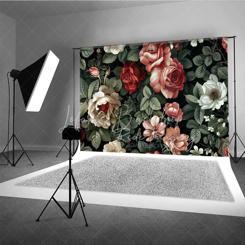 Lofaris Vintage Dark Floral Photography Backdrop Red Pink Roses Pattern Photo Background Moody Romantic Prop