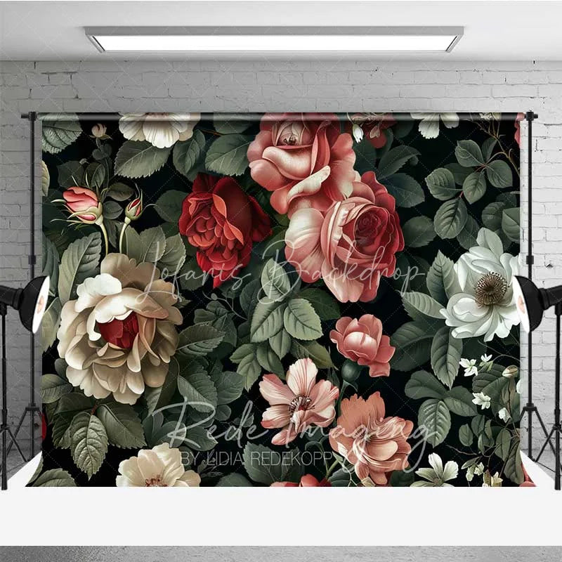 Lofaris Vintage Dark Floral Photography Backdrop Red Pink Roses Pattern Photo Background Moody Romantic Prop