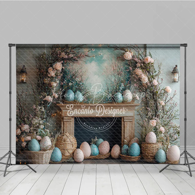 Lofaris Vintage Fireplace Easter Combo Set Backdrop Pastel Eggs and Floral Arch Photography Studio Background