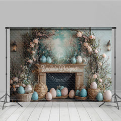 Lofaris Vintage Fireplace Easter Combo Set Backdrop Pastel Eggs and Floral Arch Photography Studio Background