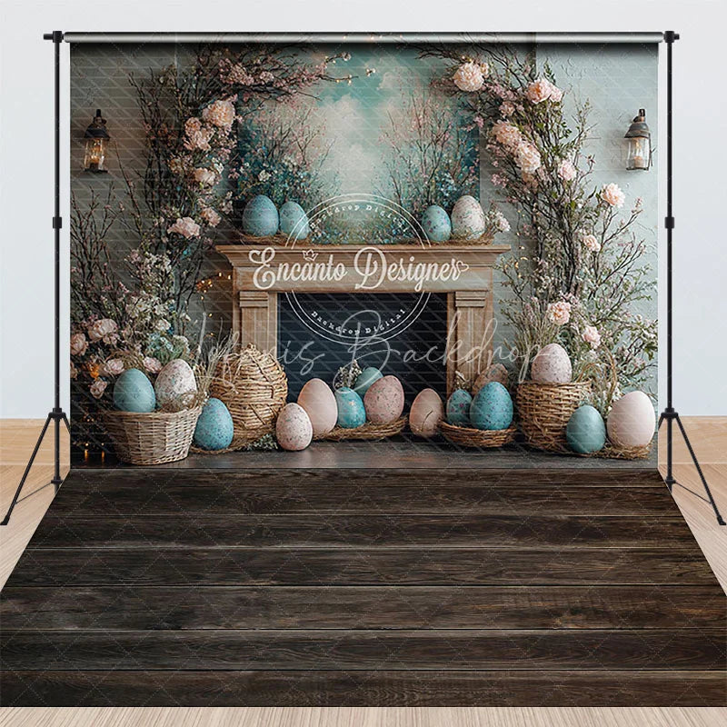 Lofaris Vintage Fireplace Easter Combo Set Backdrop Pastel Eggs and Floral Arch Photography Studio Background