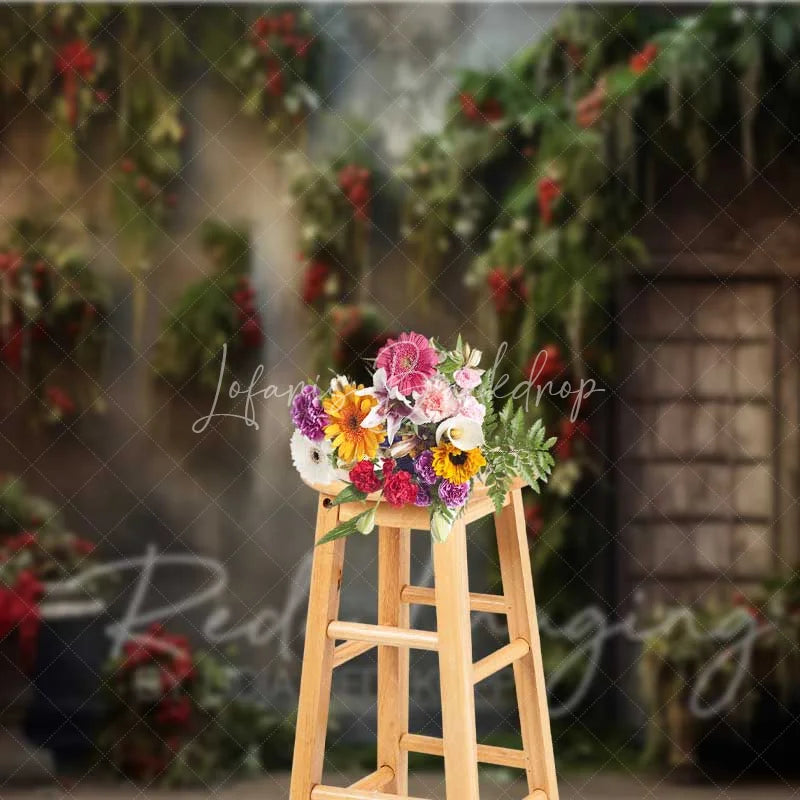 Lofaris Vintage Floral Christmas Backdrop Hanging Greenery Red Berries Old Window Photo Background