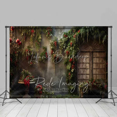 Lofaris Vintage Floral Christmas Backdrop Hanging Greenery Red Berries Old Window Photo Background