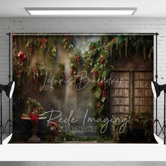 Lofaris Vintage Floral Christmas Backdrop Hanging Greenery Red Berries Old Window Photo Background