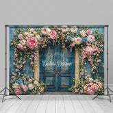 Lofaris Vintage Floral Doorway Photography Backdrop Blue Door with Pink Flowers Secret Garden Wedding Photo Background