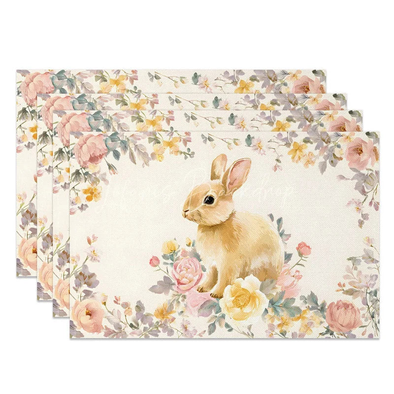 Lofaris Vintage Floral Easter Bunny Set of 4 Placemats Pink Rose Rabbit Spring Table Mats for Party
