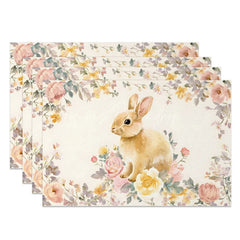 Lofaris Vintage Floral Easter Bunny Set of 4 Placemats Pink Rose Rabbit Spring Table Mats for Party