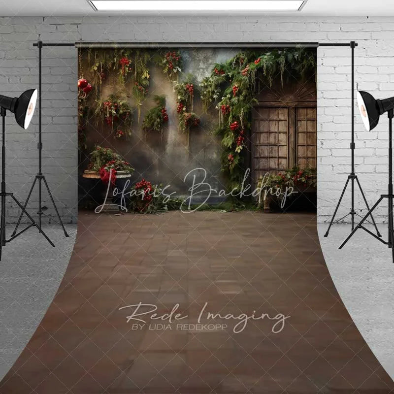 Lofaris Vintage Floral Grunge Sweep Backdrop Hanging Greenery Red Berries Old Window Floor Photo Background
