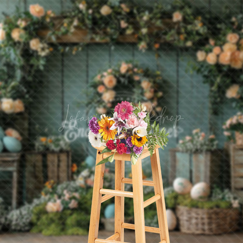 Lofaris Vintage Floral Haystack Basket Eggs Easter Backdrop