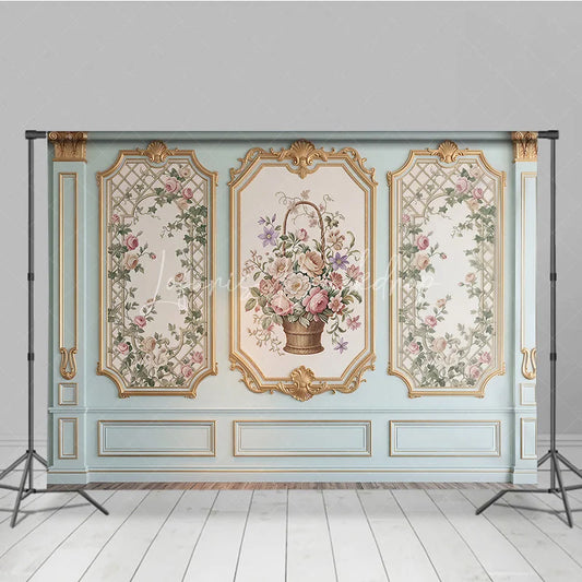 Lofaris Vintage Floral Rose and Flower Basket Photography Backdrop with Ornate Gold Frame Pastel Mint Green Wall Decor