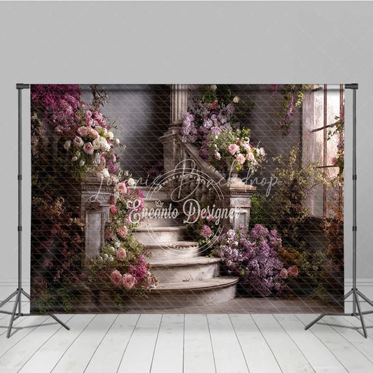 Lofaris Vintage Floral Staircase Photography Backdrop Elegant Garden Wedding and Portrait Decor