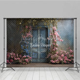 Lofaris Vintage Floral Wedding Backdrop Blue Wooden Door Photo Background Pink and Flowers for Bridal Shower Decor
