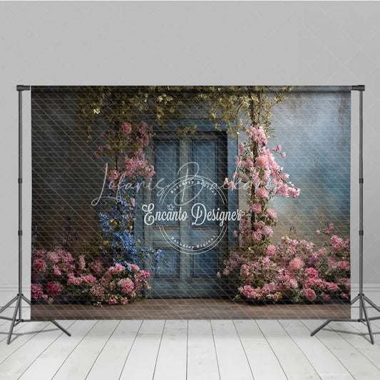 Lofaris Vintage Floral Wedding Backdrop Blue Wooden Door Photo Background Pink and Flowers for Bridal Shower Decor