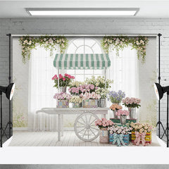 Lofaris Vintage Flower Cart Photography Backdrop with Striped Awning Arched Window and Pastel Roses for Spring Baby Shower