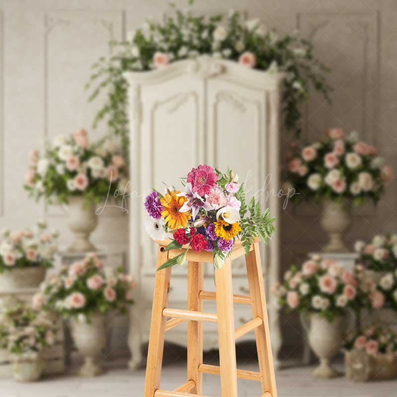 Lofaris Vintage French Armoire Wedding Backdrop Elegant White Wardrobe with Roses Shabby Chic Bridal Shower Photo Prop