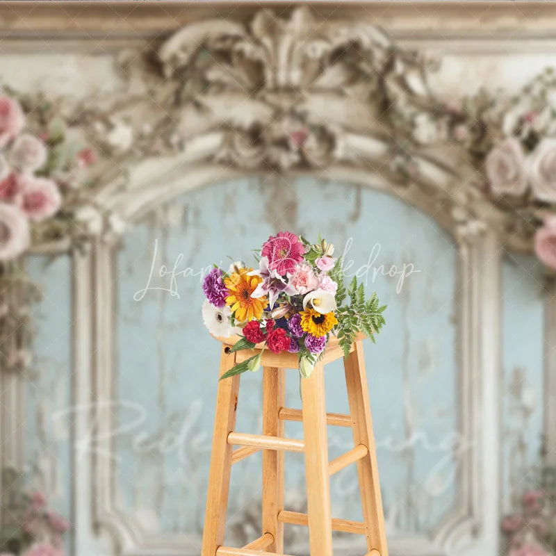 Lofaris Vintage French Carved Wall Photography Backdrop Shabby Chic Pink Floral Photo Background