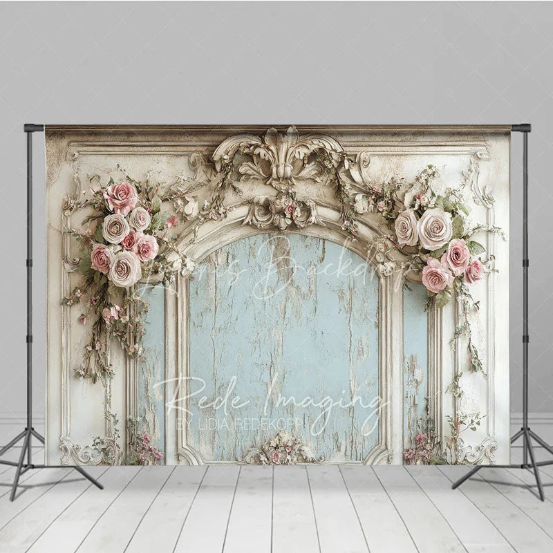 Lofaris Vintage French Carved Wall Photography Backdrop Shabby Chic Pink Floral Photo Background
