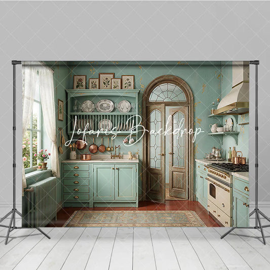 Lofaris Vintage French Country Mint Green Kitchen Photography Backdrop Rustic Arched Door and Copper Pots Decor