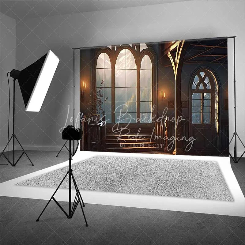 Lofaris Vintage Gothic Window View Photography Backdrop Mountain Landscape Old Room Background Fantasy Architecture Photo Prop