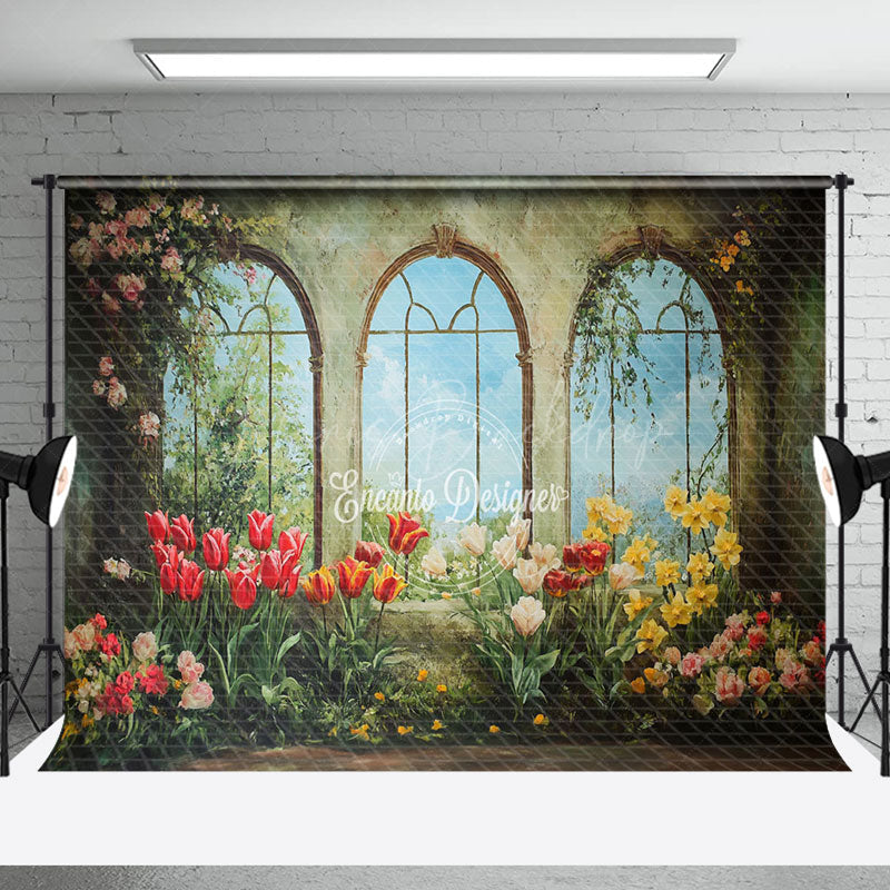 Lofaris Vintage Green Mural Window Floral Spring Backdrop