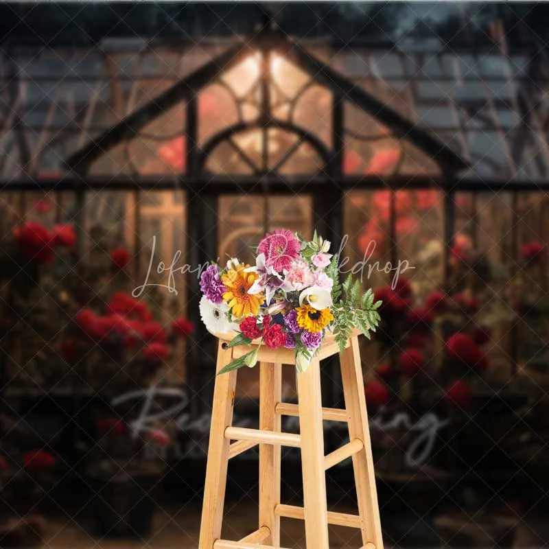 Lofaris Vintage Greenhouse Rose Photography Backdrop Rainy Garden Glass House Floral Photo Background Romantic Valentine Booth Prop