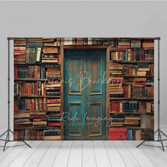Lofaris Vintage Library Book Backdrop Old Study Room Blue Door Photography Background Antique Bookshelf Photo Booth Prop