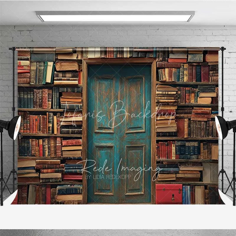 Lofaris Vintage Library Book Backdrop Old Study Room Blue Door Photography Background Antique Bookshelf Photo Booth Prop
