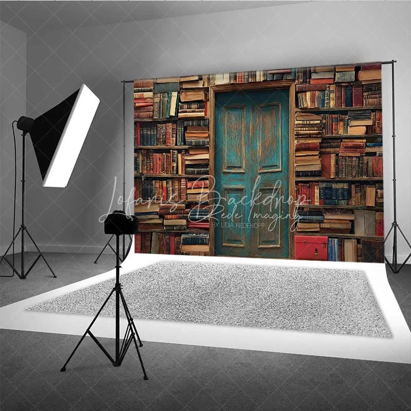 Lofaris Vintage Library Book Backdrop Old Study Room Blue Door Photography Background Antique Bookshelf Photo Booth Prop