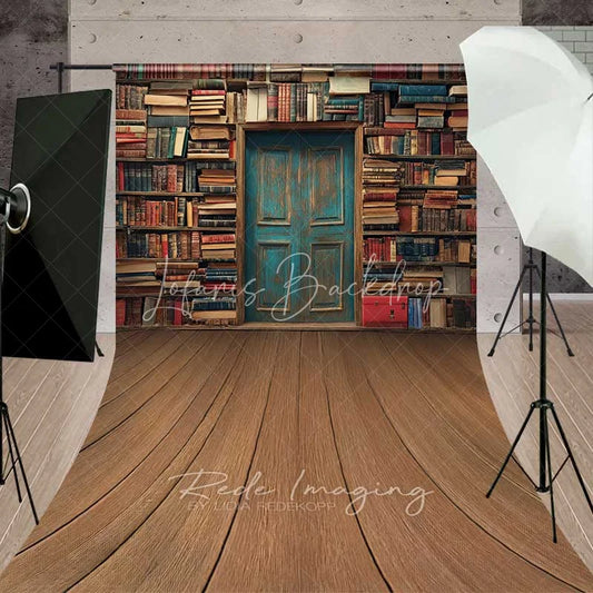 Lofaris Vintage Library Book Sweep Photo Backdrop Old Study Room Blue Door Background Antique Bookshelf Floor Prop