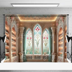 Lofaris Vintage Library Photography Backdrop Floral Stained Glass Window Bookshelves Background Fantasy Study Room Prop