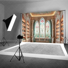 Lofaris Vintage Library Photography Backdrop Floral Stained Glass Window Bookshelves Background Fantasy Study Room Prop