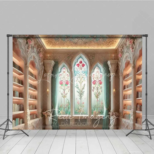 Lofaris Vintage Library Photography Backdrop Floral Stained Glass Window Bookshelves Background Fantasy Study Room Prop