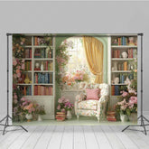 Lofaris Vintage Library Wedding Photography Backdrop Romantic Bookshelf with Flowers Light Academia Themed Photo Prop
