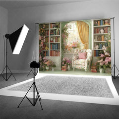 Lofaris Vintage Library Wedding Photography Backdrop Romantic Bookshelf with Flowers Light Academia Themed Photo Prop