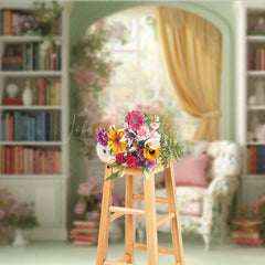 Lofaris Vintage Library Wedding Photography Backdrop Romantic Bookshelf with Flowers Light Academia Themed Photo Prop