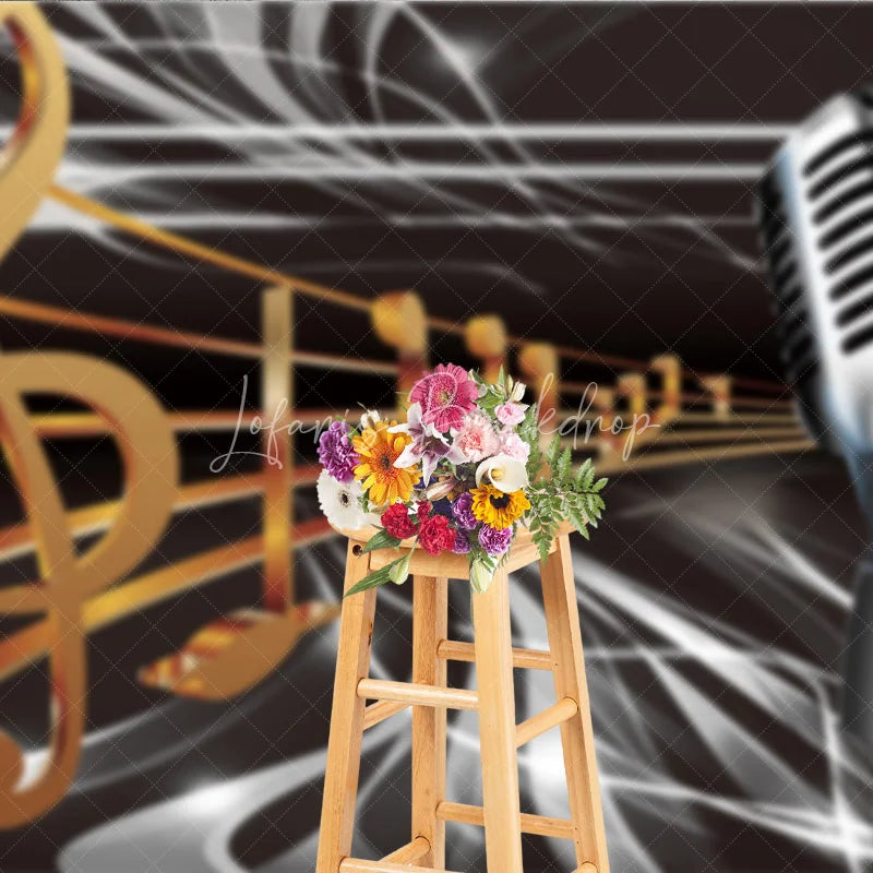 Lofaris Vintage Microphone Backdrop Music Theme Golden Notes Party Supplies for Singing Stage
