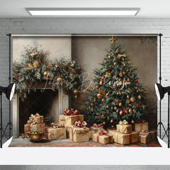 Lofaris Vintage Oil Painting Christmas Backdrop Classic Tree Gift Box Background Antique Fireplace Holiday Portrait Prop