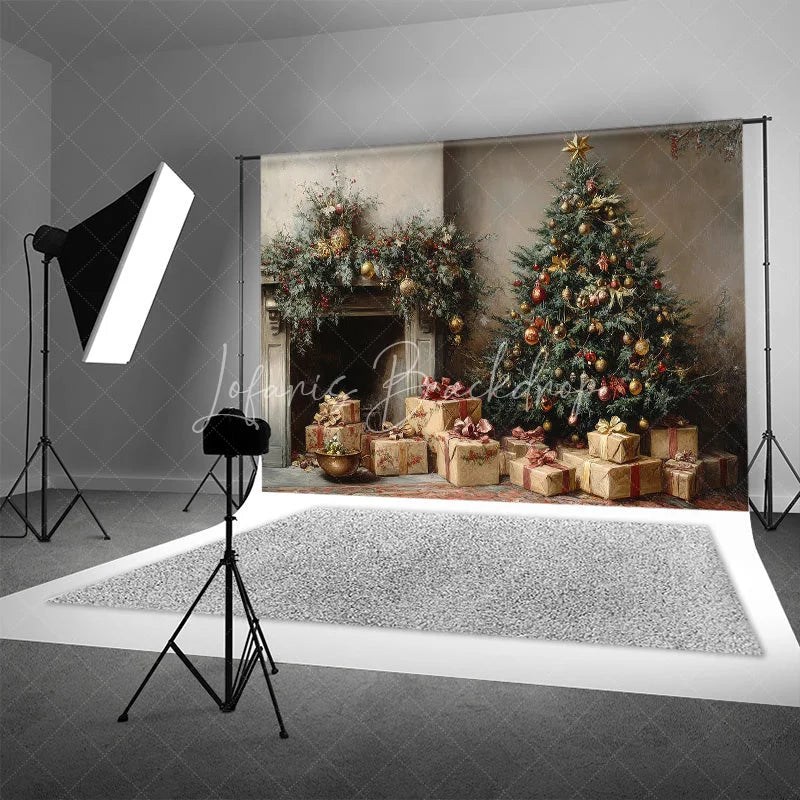Lofaris Vintage Oil Painting Christmas Backdrop Classic Tree Gift Box Background Antique Fireplace Holiday Portrait Prop
