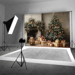 Lofaris Vintage Oil Painting Christmas Backdrop Classic Tree Gift Box Background Antique Fireplace Holiday Portrait Prop
