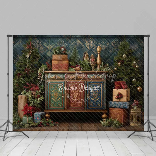 Lofaris Vintage Painted Cabinet Christmas Backdrop Colorful Gift Box Tree Photography Background