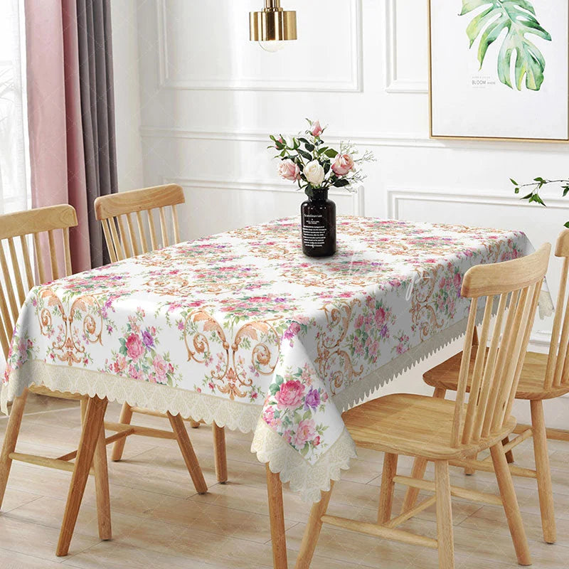 Lofaris Vintage Pink Rose Floral Rectangle Tablecloth Gold Scroll Dining Table Cover for Wedding