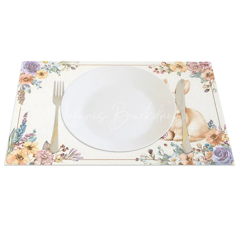 Lofaris Vintage Purple Floral Rabbit Set of 4 Placemats Easter Bunny Spring Table Mats for Dining Room