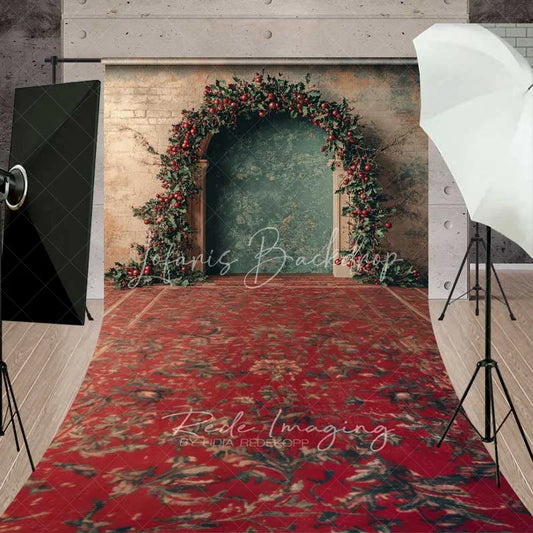 Lofaris Vintage Red Rug Christmas Sweep Backdrop Berry Garland Arch Grunge Wall Floor Photo Background