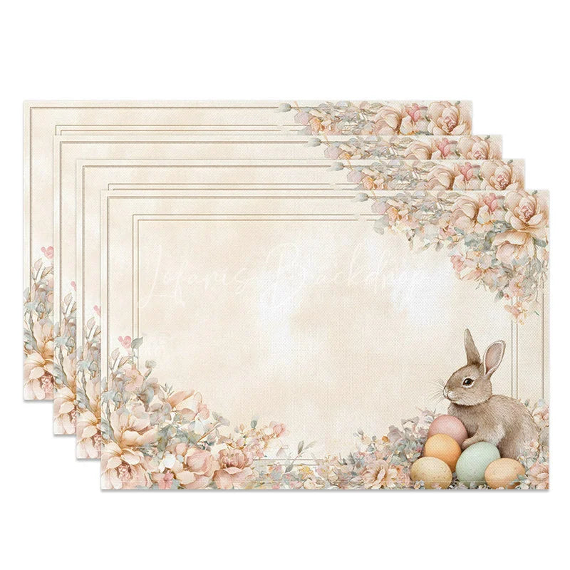 Lofaris Vintage Rose Easter Bunny Set of 4 Placemats Pink Floral Rabbit Egg Table Mats for Spring