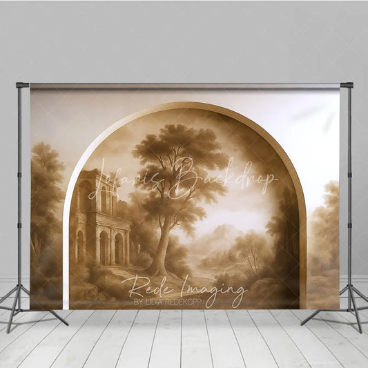 Lofaris Vintage Sepia Landscape Photography Backdrop with Arched Frame Classical Ruins and Misty Trees for Studio Portraits