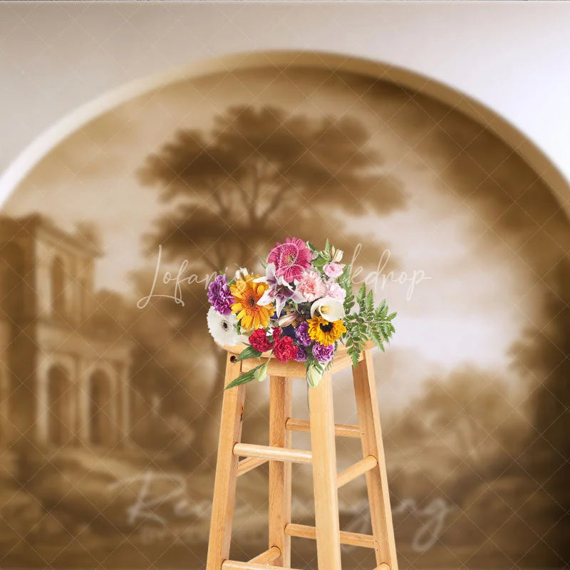 Lofaris Vintage Sepia Landscape Photography Backdrop with Arched Frame Classical Ruins and Misty Trees for Studio Portraits